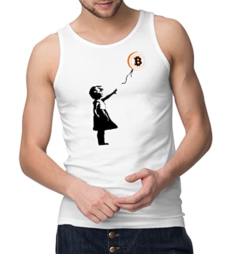 Maikomanija Banksy Débardeur sans manches pour homme Motif fille avec ballon Bitcoin Crypto BTC Blanc, blanc, S