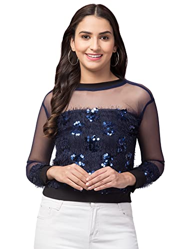 Image of NEOAMBER Women Stylish Sleeveless Sequin Net Western Cami Party Crop Top