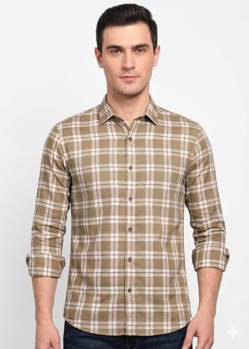 Image of Yuvawear, Men's Full Sleeve Checkered Casual Shirt, Blue, Green, and Cream Plaid Pattern