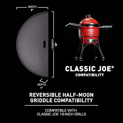 Kamado Joe Half-Moon Cast Iron Reversible Flat-Top Griddle with Smooth and Ribbed Surface for Classic Joe Charcoal Grill and Smokers in Black, Model KJ-HCIGRIDDLE