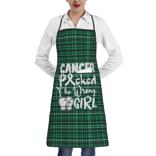nopicsn Cancer Picked The Wrong Girl Brain Cancer Apron for cooking with Pockets Women Men Kitchen Chef Funny Aprons