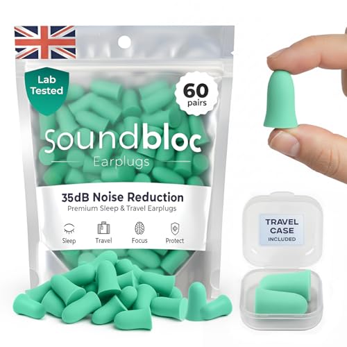 Soundbloc Earplugs™ Thermo Foam (60 Pairs) – Foam Ear Plug for Sleeping Travel Work High Noise Cancelling Protection Motorsports 35dB (Aurora, Small - Medium)