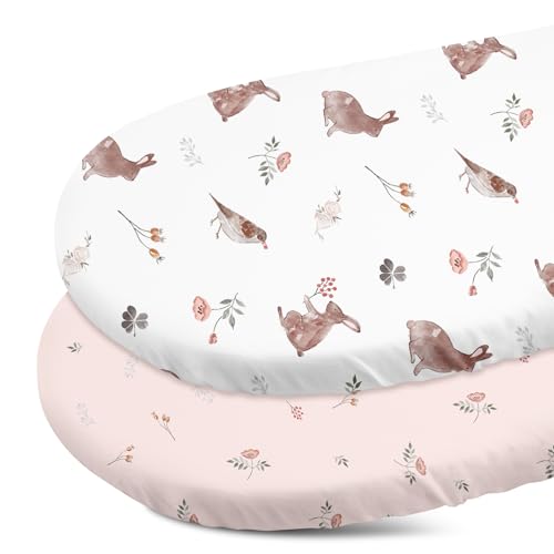 Image of Gllquen Baby Bassinet Sheets Set 2-Pack, Breathable Cozy Bassinet Fitted Sheet Universal Fit Standard Mattress Oval Rectangle Cradle Baby Sheets for Baby Boy Girls Unisex 32"x16"(Rabbit)