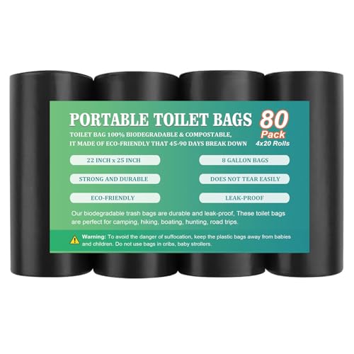80 PCS Portable Toilet Bags for Camping, Biodegradable Porta Potty Bags - 8 Gallon Thickened Waste Bags Fit for 5 Gallon Bucket, Camping Poop Bag, Trash Bags for Home Boating Travel Outdoor