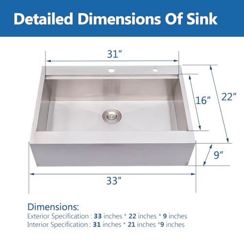 Image of 33 Farmhouse Sink, Drop In Stainless Steel Apron Front Farm Sink 33x22x9 Single Bowl 16 Gauge with Accessories