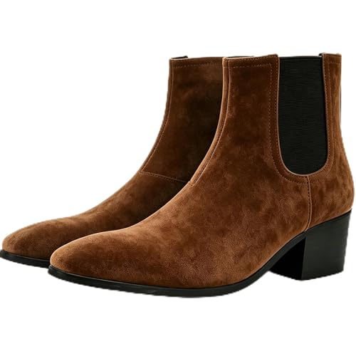 Image of Men'S Classic Leather Chunky Heel Chelsea Boots With Side Zipper Fashion Pointed Toe Elastic Band High Top Block High Heel Formal Chukka Booties For Casual Business Party Wedding