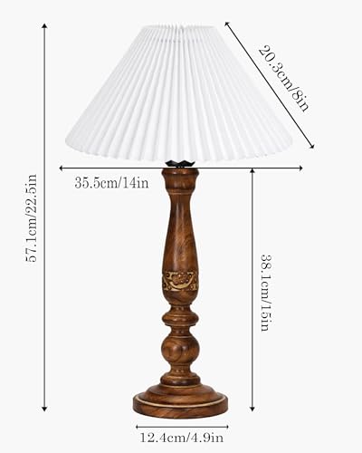 Image of Homesake Floral Carved Wood Table Lamp with Shade | Handcrafted Bedside Lamp, E27 Holder| Bulb Included |Warm Light Night Lamp, Bedroom, Living Room, Study & Home Decor, (Pleated White)