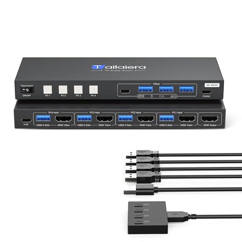 Image of HDMI KVM Switch 1 Monitors 4 Computers - 4K@60Hz 4 Port KVM Switch for 4 Computers,Kvm Switch 4 Computers with 4 USB 3.0 Ports Share Keyboard Mouse Printer with 4 USB Cables and Desktop Controller