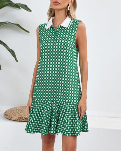 Image of YEXPINE Women's Sleeveless Polo Dress Ruffle Hem Lapel V Neck T-Shirt Summer Mini Dresses