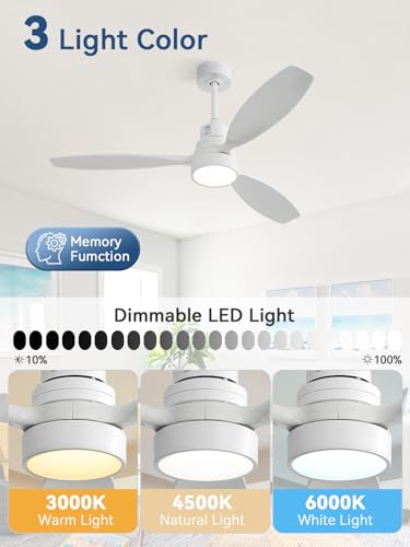 Image of Sofucor White Ceiling Fan with Lights and Remote, 52 Inch Modern Wood DC Motor Ceiling Fan with Downrods, for Farmhouse Bedroom Living Room Dining Room Patio Porch, Reversible, 3 Blades
