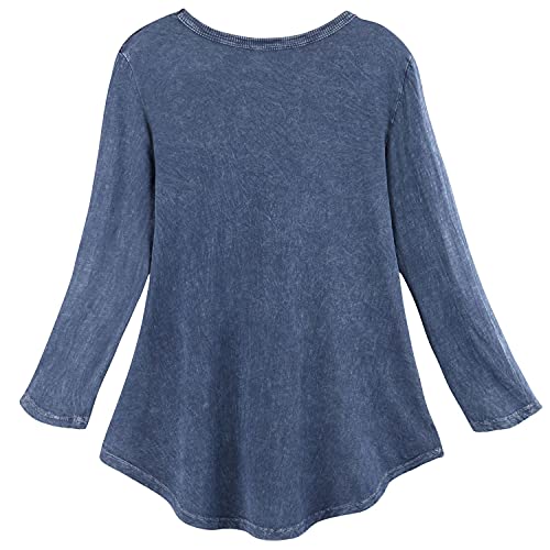 Jess & Jane Womens Watercolor Print Daisy Shirt - 3/4 Sleeve Blue Tunic Top Large #TOP1