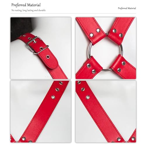 Punk Body Brust Harness für Herren - Leder Brustgurt, Gothic Kleidung Einstellbar, Sexy Sklave Bandage Kostüm, Schultergurt für Cosplay Nachtshow-Kostüm Clubwear (Rot)