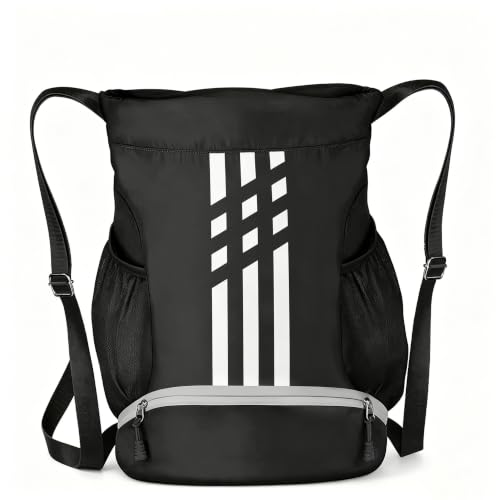 Image of Soccer Bag, Youth Drawstring Backpack for Volleyball Basketball Sports | with 1 Shoes Compartment 1 Wet&Dry Pocket 2 Side Mesh Pockets 2 Zipper Pockets Bag for Gym Training Swimming Back to School