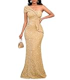Cololura Women Sexy Sequin One Shoulder Mermaid Formal Party Cocktail Gowns Bodycon Evening Maxi Dress Gold