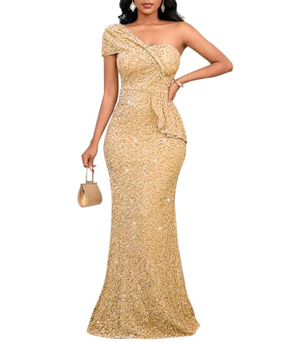 Image of Cololura Women Sexy Sequin One Shoulder Mermaid Formal Party Cocktail Gowns Bodycon Evening Maxi Dress