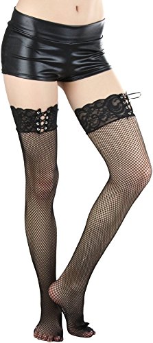 Image of ToBeInStyle Women's Spandex Double Weaves Thigh Hi With Lace Up Lace Top