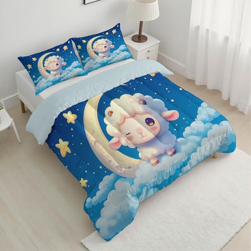 CDXNORA Edredón Azul Oscuro Cama, Edredón Conforter Estampado Corderito Luna, Edredónes Reversible Fantasía Dibujos Animados Invierno Ligero y Cálido, para Cualquier Temporada 140x200 cm con 1 Fundas