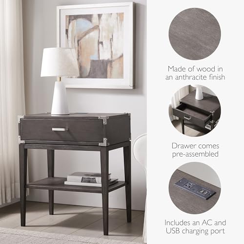 Image of Leick Home 24022 Beckett Nightstand Side Table One Drawer Rustic USB-C Fast Charging Station, A /C and USB Charging Port Integrated Durable Solid Wood Living Room, Bedroom, Office, Anthracite /Pewter