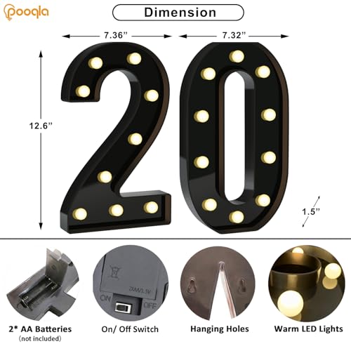 Image of Pooqla 20th Birthday Decorations for Boys, Large Black Light Up Numbers | Black Party Decorations, 12.6in Tall Big Marquee Numbers 20th Anniversary Birthday Gift for Boys Wedding Room Decor