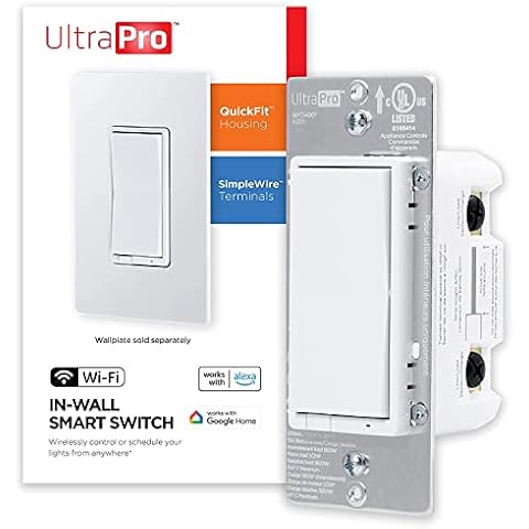 UltraPro Smart Switch, 2.4GHz Wi-Fi Smart Light Switch, QuickFit & SimpleWire, 3 Way Switch, Works with Alexa, Google Assistant, No Hub Needed, UL Certified, Needs Neutral Wire, White, 1 Pack, 51398 Cover