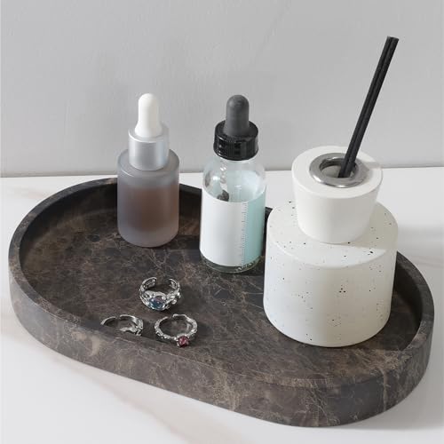 Navaris Bandeja Decorativa Marrón - Organizador con diseño de mármol Marron para Joyas Cocina baño Escritorio - Bandeja Ovalado de baño Resistente al Agua - 23 x 18 cm