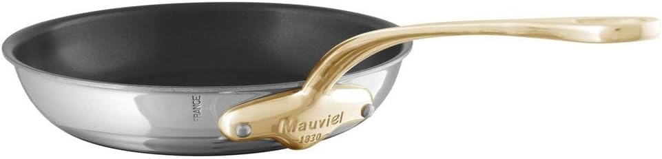 Mauviel M'Cook B 5-Ply Polished Stainless Steel Nonstick Round Frying Pan With Brass Handle, 10.2-in, Made In France