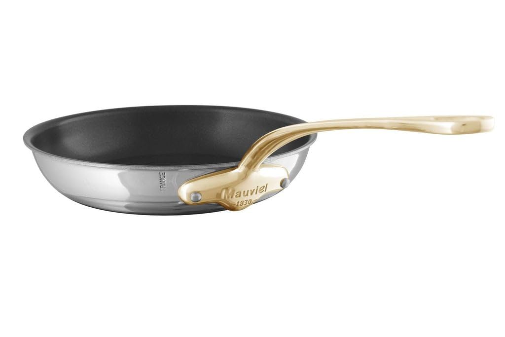 Mauviel MCook B 5-Ply Polished Stainless Steel Nonstick Round Frying Pan With Brass Handle 10 2-in Made In