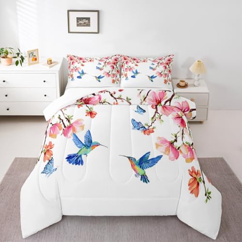 Image of Feelyou Hummingbird Floral Botanical Comforter Set King Size Kids Boys | Nature Butterfly Beautiful Colorful Breathable Duvet Set Quilt Set Room Decor Warm Cozy Lightweight All Season
