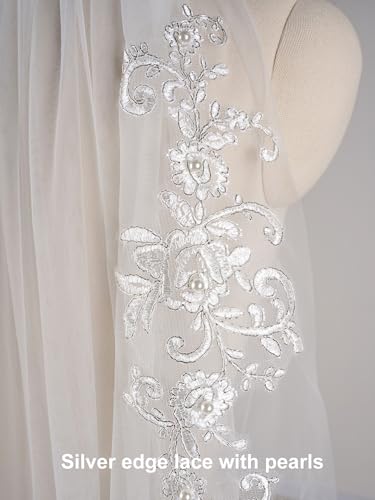 EllieHouse Womens Short Fingertip Length 1 Tier Lace White Wedding Bridal Veil With Metal Comb L100WT