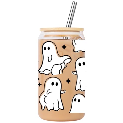 Lovearth Cute Halloween Ghost Glass Tumbler with Lid and Straw, 16oz Iced Coffee Cup, Spooky Gifts for Halloween Lovers