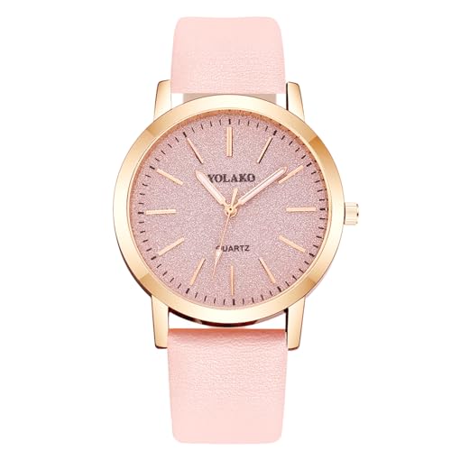 Joalpysm Women's Leather Quartz Watch, Pink Leather Strap and Rose Gold Case Analogue Quartz Watch Starry Dial, Classic Fashion Wrist Watch for Ladies