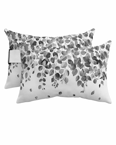 Anzona Pack of 4 Gray Botanical Lumbar Pillow Covers, Outdoor Waterproof Throw Pillow Covers Set, Watercolor Spring Summer Eucalyptus Leaves Decorative Cushion Case for Patio Beach, 11x16 Inch