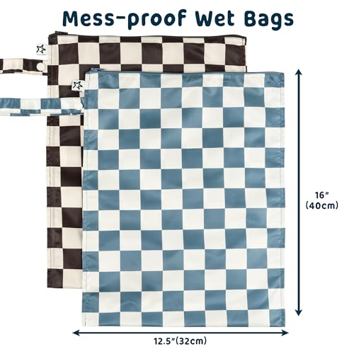 Tiny Twinkle Mess Proof Wet Bags | 2-Pack Reusable Waterproof Wet Bags for Swimsuits | Baby Clothes | Travel & Diaper Bag (Blue, Black Checkers) - Image 4