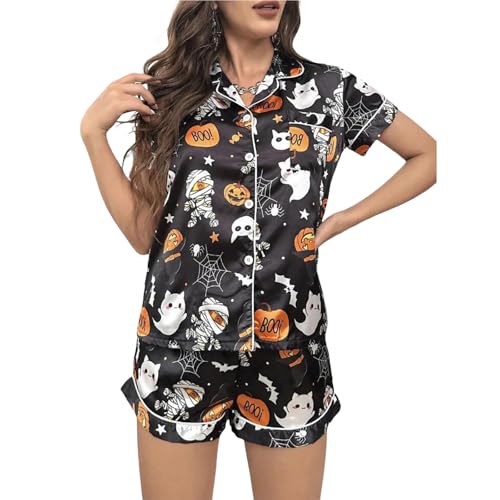 Edhomenn Women Halloween Pajama Set Ghost Pumpkin Print Short Sleeve Button Closure Top And Printed Shorts Sleepwear (Black, M)