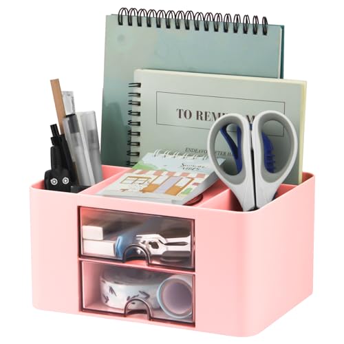 Lunhoo Desk Organizer, Cosmetic Organizer with 2 Drawers and 5 Compartments, Multifunction Pen Holder for Office, Dresser, School – Pink