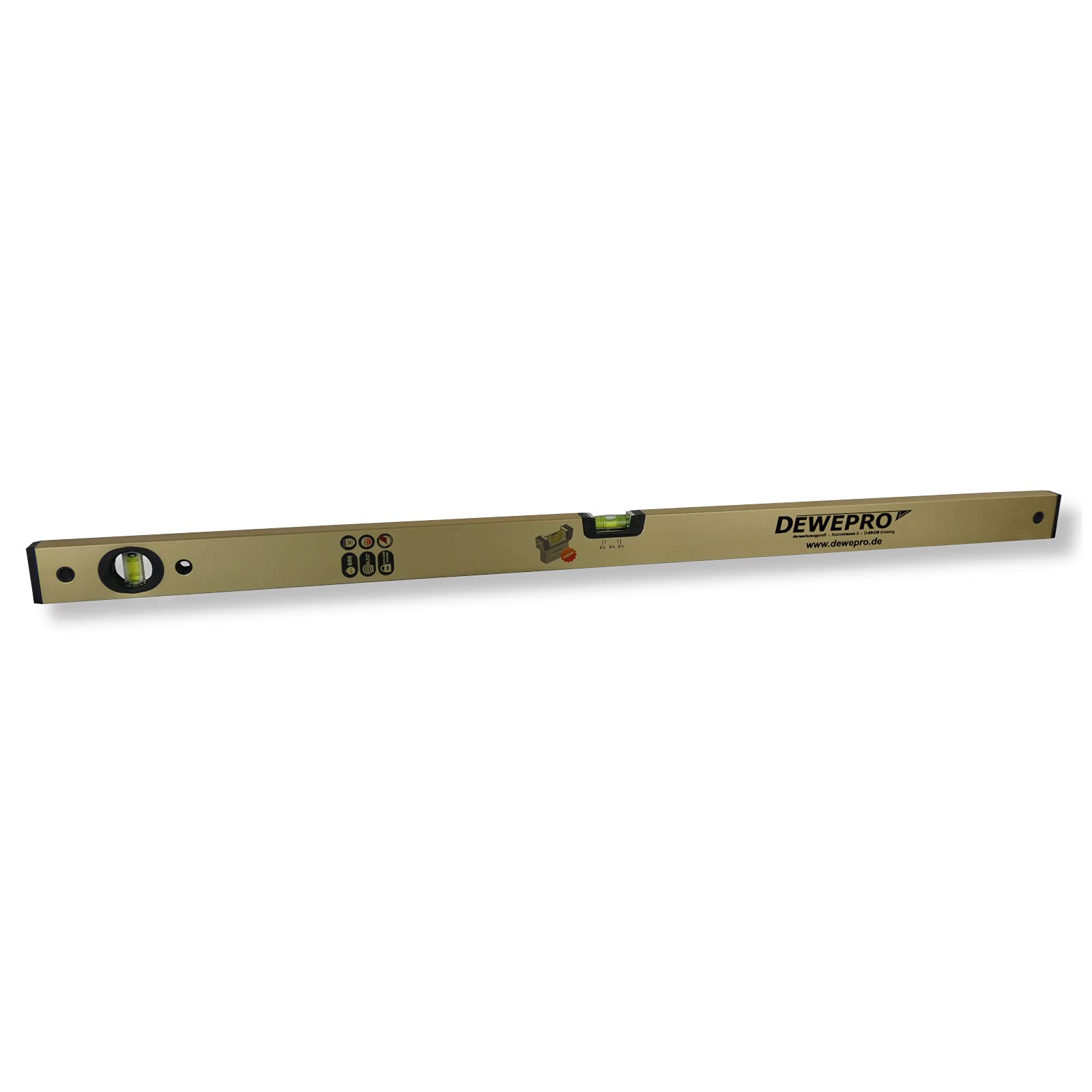 DEWEPRO® Niveau à bulle en aluminium 80 cm - Or anodisé - 2 fioles - Pente de 2 % - Tolérance de mesure : 0,3 mm/m - Niveau à bulle en aluminium pour artisans professionnels
