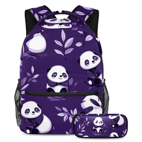 Sac à livres voyage étudiants grand volume et trousse scolaire motif panda violet