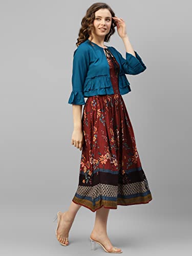 Image of DEEBACO Women's Floral Print Rayon Midi Calf Length Smocking Dress with Solid Shrug for Women|Ruffled 3 /4 Sleeves Shrug Casual Western Fit and Flared Dresses for Ladies Outfits (DBDR00000749 Maroon)
