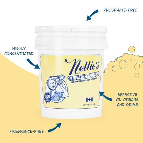 Image of Nellie's Dishwasher Powder - Superior Grease Penetration, Powerful Plant-Based Formula, Safe for Septic Systems, Advanced Food Particle Dislodging, Eco-Conscious Cleaning - 1,100 Scoop Bulk Bucket