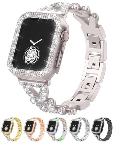 Image of Rhinestones Encrusted Metal Bracelet and Case, Compatible with Apple Watch Bands 38mm-49mm (Series 11 /10 /1 /SE /Ultra 2)- Bling Gold Women's Jewelry Strap, Luxury iWatch Bracelet