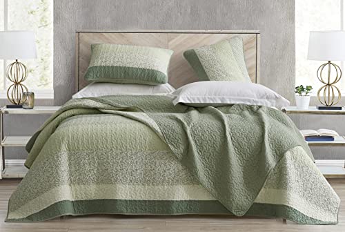Chezmoi Collection Reed 3-Piece Chic Patchwork Striped Quilt Set - Green Floral Coverlet - Pre-Washed Cotton Lightweight Reversible Bedspread, King Size #TOP1