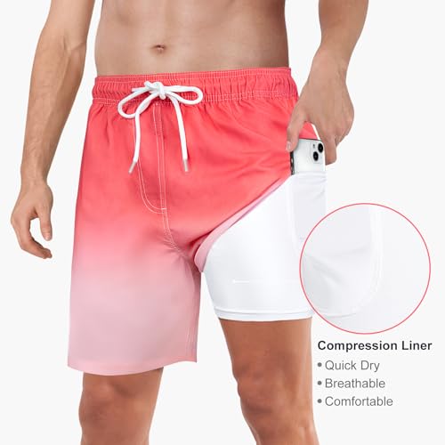 Image of Mens Swim Trunks with Compression Liner 2 in 1 Quick Dry Swimming Shorts Swimwear Bathing Suits with Pockets