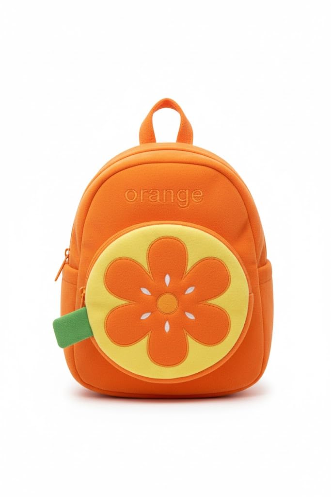 Orange Slice Kids Backpack, Mini Fruit Design School Bag, Orange and Yellow with Flower Pattern, Small Size-image-17