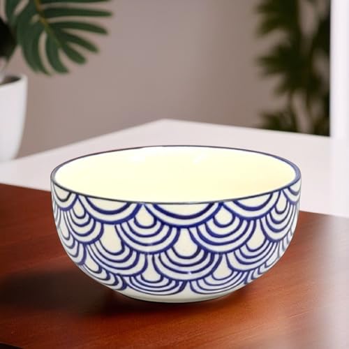 Image of KITTENS Ceramic Serving Bowls 350ml - Set of 2 - Blue Wave Handpainted Pattern | Microwave & Dishwasher Safe | Food Grade | Ideal for Soup, Pasta, Maggi, Cereal, Dessert & Daily Use