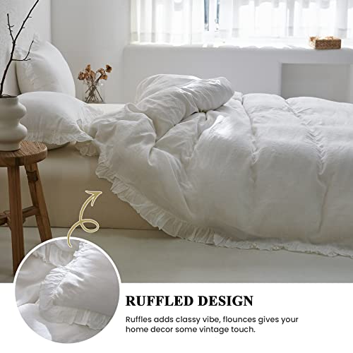 Simple&Opulence 100% Washed Linen Duvet Cover Set-3 Pieces Premium Shabby Chic Ruffled Bedding With 1 Comforter Cover And 2 Pillowshams France Flax High End Frill Sets Vintage Style(Queen, White) #TOP2