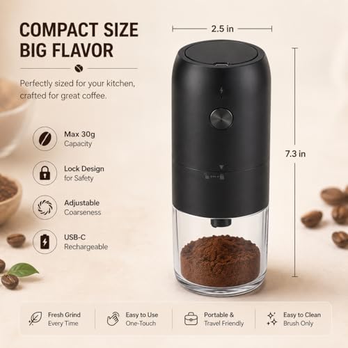 Image of AXEON Portable Electric Coffee Grinder with Cleaning Brush | USB Rechargeable Automatic Burr Grinder with Grounds Container | Electric Grinder for Coffee Beans, Spices & Herbs | One-Touch Operation