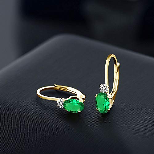 Gem Stone King 14K Yellow Gold Green Nano Emerald and White Diamond Leverback Earrings For Women | 0.87 Cttw | Gemstone May Birthstone | Oval 6X4MM, Round 2MM | 3/4 Inch3