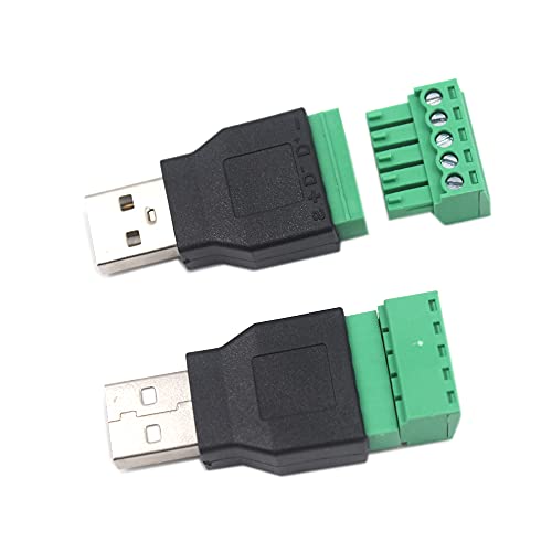 Kework USB Screw Terminal Block Connector, USB 2.0 Type A Male to 5 Pin Female Bolt Screw Terminal Plug Adapter Connector Converter, 2 Pack (USB AM Terminal)