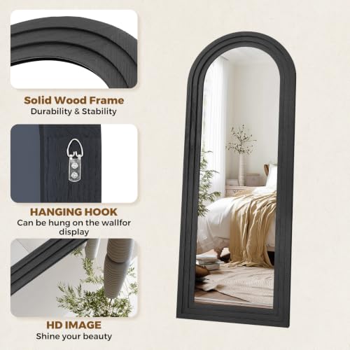 Image of 58x22 Arched Full Length Mirror, Solid Wood 3 Layer Frame, Black