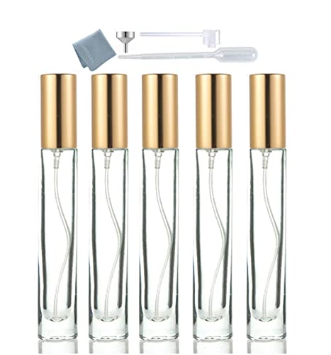 Thick Glass 5pcs 10ml 1/3oz Gold Spray Bottle Refill Perfume Hydrating Fragrance Fine Mist Atomizer Cosmetic Container Round Tube Party Makeup Tool Travel Gift Sample